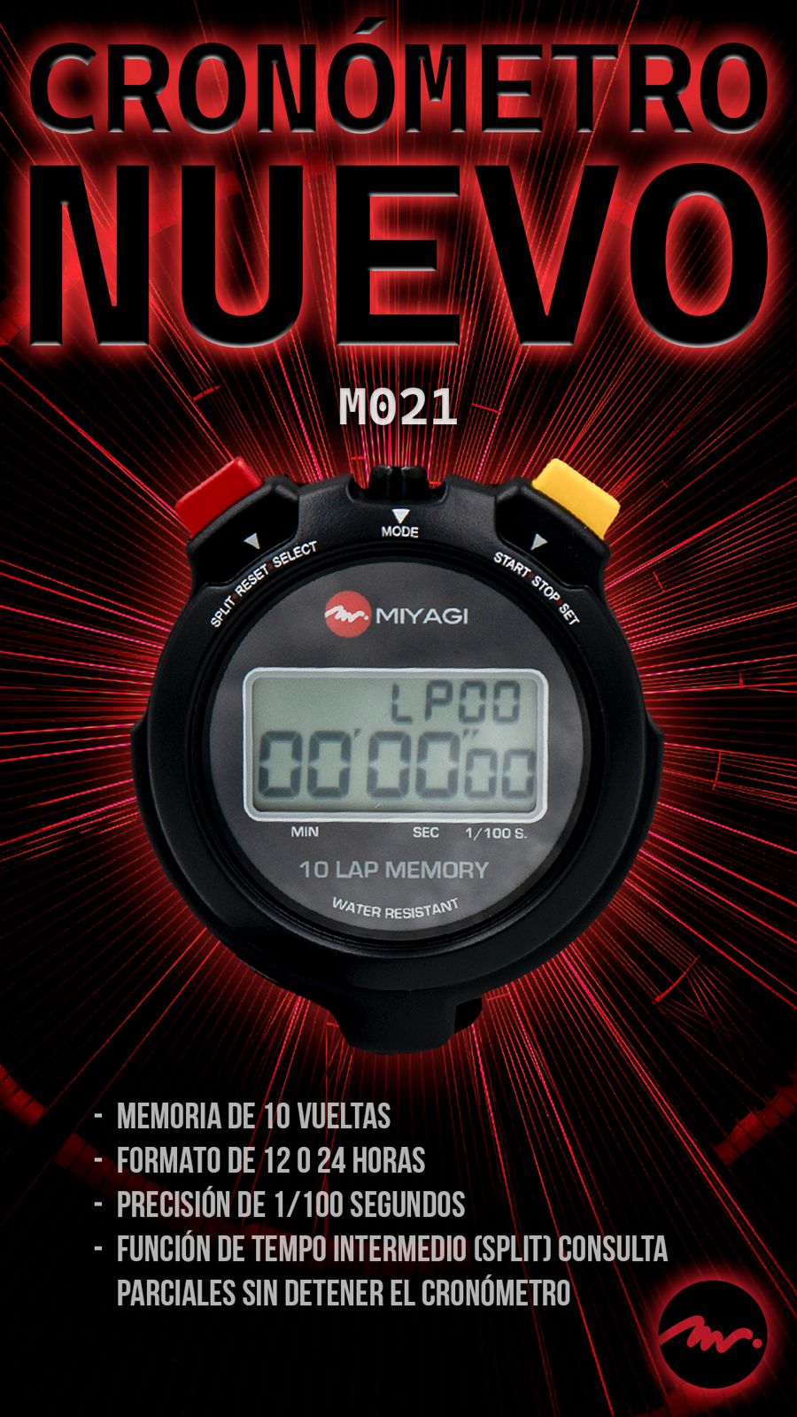 Cronómetro Digital con Memoria 10 Vueltas Miyagi MG021 - MIYAGI COLOMBIANegro